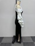 Women Contrast Slash Shoulder Stretch Bodycon Slit Balloon Sleeve Dress