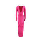 Women Pleated Long Sleeve Backless Bodycon Maxi Evening Dress