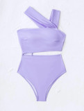 Women Sexy One Shoulder Strapless Hollow Solid One-piece Swimwear