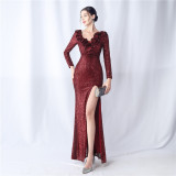 Ruffled Long Sleeve Sequins Party Dinner Wedding Evening Dress