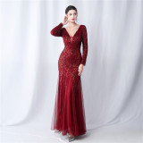 Women mesh sequin wedding dinner long-sleeved evening dress