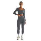 Women Winter Solid Long Sleeve Square Neck Top and Pant Two-piece Set
