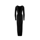 Women Pleated Long Sleeve Backless Bodycon Maxi Evening Dress