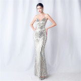 Positioning Flower Dinner Wedding Sequin Suspender Evening Dress