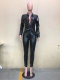 Winter Pu Buckle Belt Jumpsuit