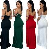Fashion Women's Solid Color Tassel Suspender Long Dress