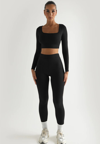 Women Winter Solid Long Sleeve Square Neck Top and Pant Two-piece Set