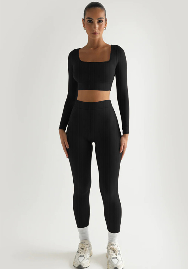 Women Winter Solid Long Sleeve Square Neck Top and Pant Two-piece Set