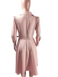 Women Turndown Collar Pleated Lace-Up Belted Dress