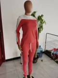 Women Sports Colorblock Long Sleeve Top and Pants Casual Two-piece Set