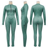 Women's Ribbed Printed Sexy V-Neck Tight Fitting Zipper Jumpsuit