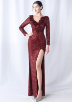 Ruffled Long Sleeve Sequins Party Dinner Wedding Evening Dress Ruffled Long Sleeve Sequins Party Dinner Wedding Evening Dress