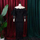 Women's Clothing Off Shoulder Lace Patchwork Puff Sleeve Formal Party Evening Dress