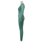 Women's Ribbed Printed Sexy V-Neck Tight Fitting Zipper Jumpsuit