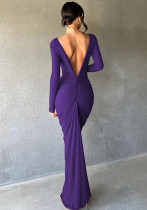 Women Pleated Long Sleeve Backless Bodycon Maxi Evening Dress Women Pleated Long Sleeve Backless Bodycon Maxi Evening Dress