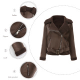 Autumn And Winter Fur Warm Women's Leather Jacket With Belt For Women Turndown Collar Coat