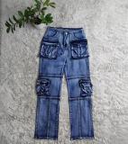 Women's Casual  Multi-Pocket Cargo Pants Mid-Rise Washed Straight Denim Trousers