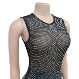 Fashion Women's Solid Color Mesh Beaded Sleeveless Long Dress