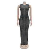 Fashion Women's Solid Color Mesh Beaded Sleeveless Long Dress