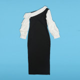 Women Contrast Slash Shoulder Stretch Bodycon Slit Balloon Sleeve Dress