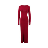 Women Pleated Long Sleeve Backless Bodycon Maxi Evening Dress