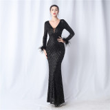 Sequins Feather Long-Sleeved Evening Dress