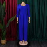 Plus Size African Women Long Sleeve Solid Loose Wide Leg Jumpsuit