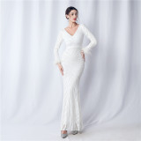 V-Neck Feather Long-Sleeved Sequined Evening Dress