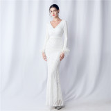 V-Neck Feather Long-Sleeved Sequined Evening Dress