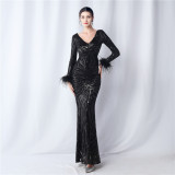 V-Neck Feather Long-Sleeved Sequined Evening Dress