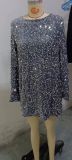 Autumn And Winter Women 's Round Neck Long Sleeve Loose Plus Size Sexy Sequin Short Dress