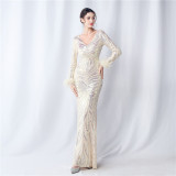 V-Neck Feather Long-Sleeved Sequined Evening Dress
