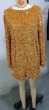 Autumn And Winter Women 's Round Neck Long Sleeve Loose Plus Size Sexy Sequin Short Dress