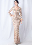 Sequins Feather Long-Sleeved Evening Dress