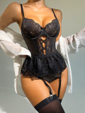 Body Shaping Heart Print Lace Low Back See-Through Sexy Bodysuit Lingerie