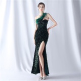 Feather Sequined One-Shoulder Evening Dress