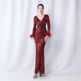 V-Neck Feather Long-Sleeved Sequined Evening Dress