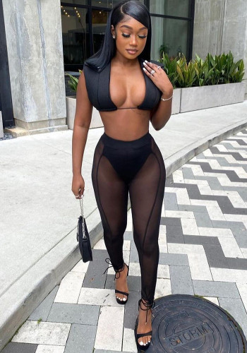Women 's Mesh See-Through Hollow Vest Mid-Waist Sexy Pants Two Piece Set