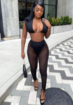 Women 's Mesh See-Through Hollow Vest Mid-Waist Sexy Pants Two Piece Set Women 's Mesh See-Through Hollow Vest Mid-Waist Sexy Pants Two Piece Set
