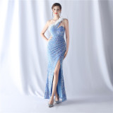 Feather Sequined One-Shoulder Evening Dress
