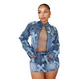 Spring Embroidered Denim Jacket Skirt Suit