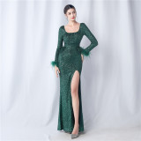Dinner Party Wedding Sequined Long-Sleeved Evening Dress