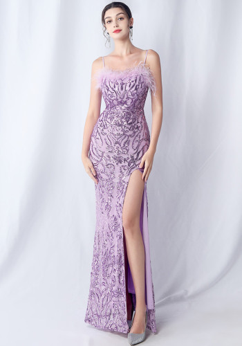 Straps Feather Sequins Bedding Evening Dress