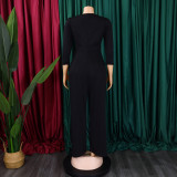 Plus Size African Women Long Sleeve Solid Loose Wide Leg Jumpsuit