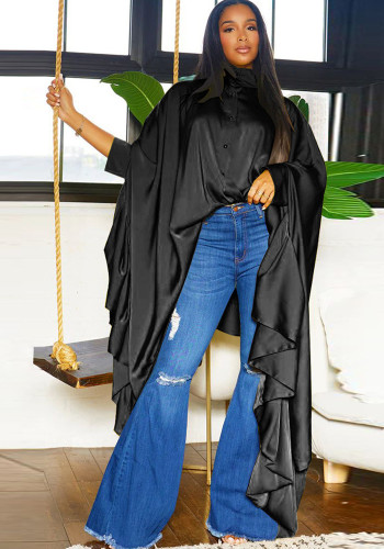 Women 's Autumn Pleated Long Solid Color Shawl Shirt