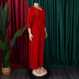Plus Size African Women Long Sleeve Solid Loose Wide Leg Jumpsuit