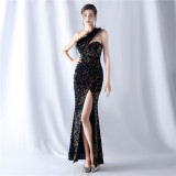 Feather Sequined One-Shoulder Evening Dress