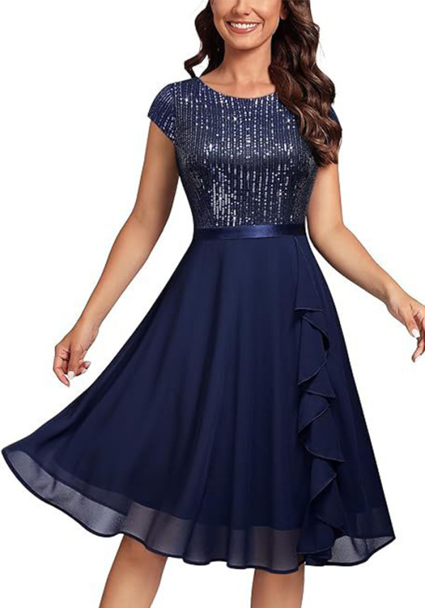 Sequined Short Sleeve Patchwork Chiffon Swing Dress Slim Sexy Bridesmaid Dress