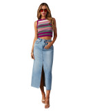 High Waist Slit Washed Denim Mid-Length Skirt For Women