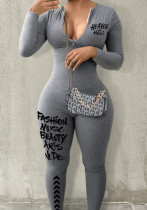 Fashionable Women 's Printed Zipper Long Sleeves Jumpsuit Fashionable Women 's Printed Zipper Long Sleeves Jumpsuit